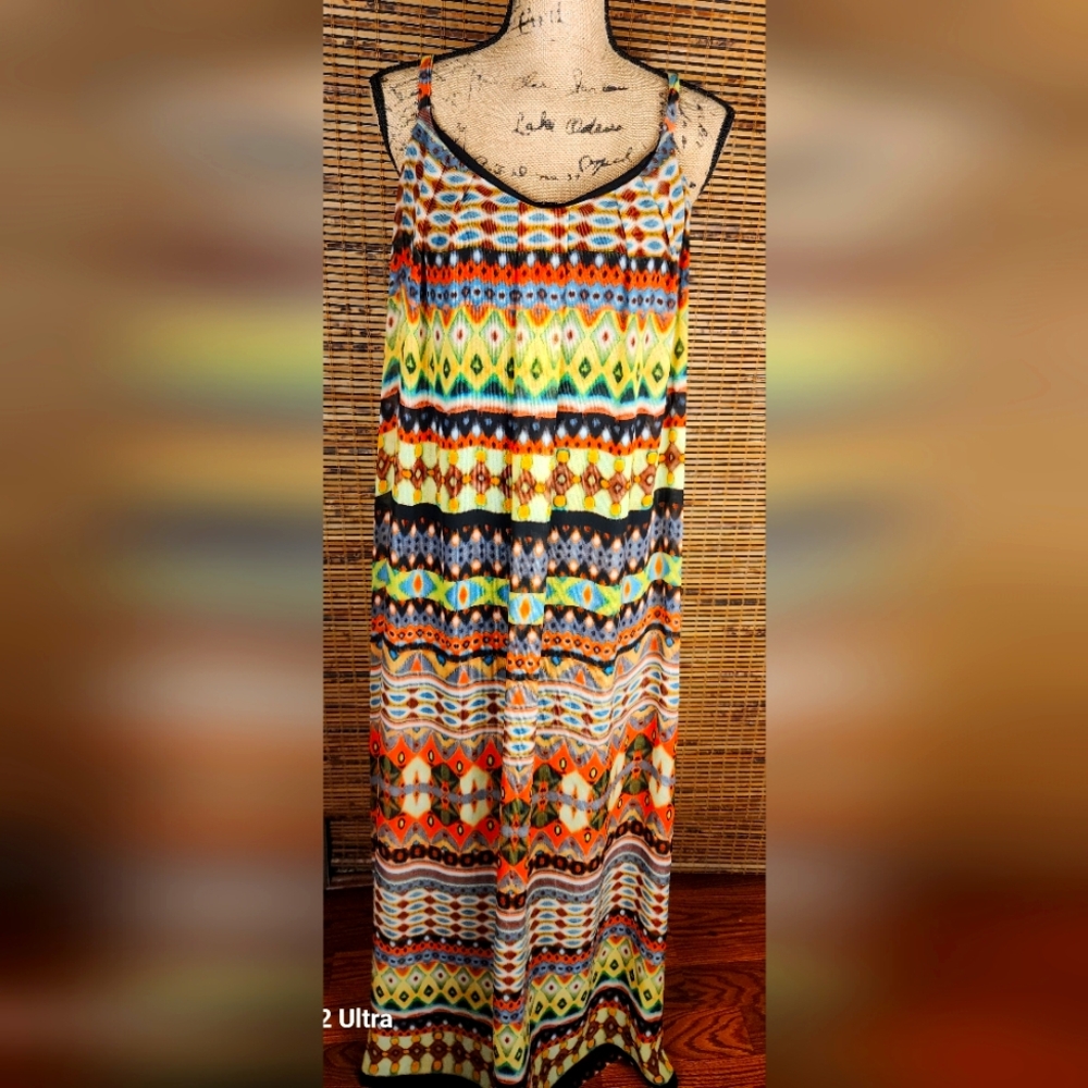 New Directions Blue and Orange Maxi Dress with Graphic Pleats